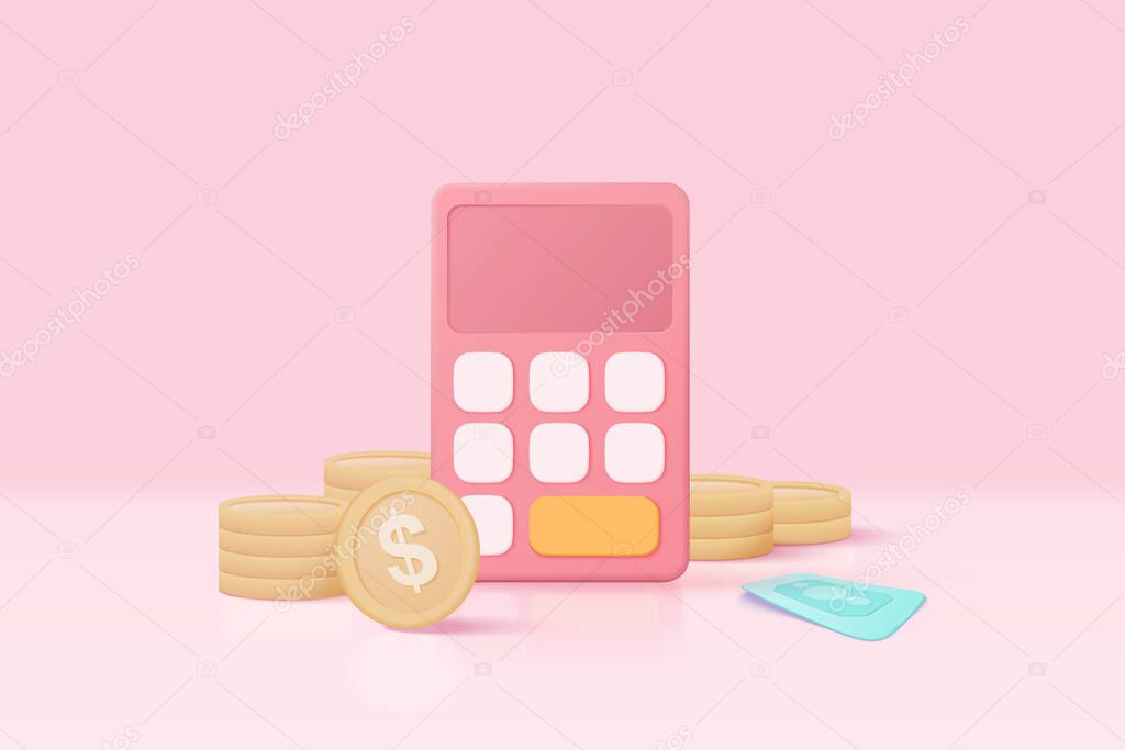 3d minimal calculator vector render concept of financial management. calculating financial risk planning, calculator with coins stack and banknote with 3d vector concept on pastel pink background