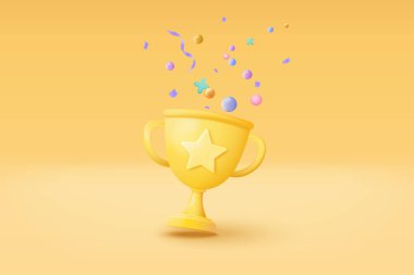 3d winners minimal with golden cup, gold winners stars with objects floating around on gold background. Award ceremony concept with cartoon style. 3d vector render isolated on yellow pastel background