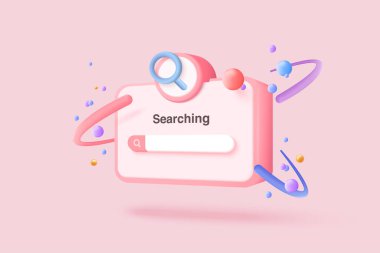 3D minimal search bar or magnifying glass in blank search bar on pink background. Search bar design element on web browser. 3d vector magnifier render for UI illustration in pastel background