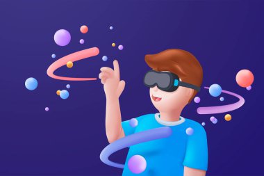 Metaverse teknolojisi geleceğin 3 boyutlu konsepti. Video oyunu oynamak için etrafta uçan nesnelerin olduğu sanal gerçeklik kulaklığı mavi arka planda izole edilmiş. Metaverse fütüristik kavramı ile 3d vektör oluşturma