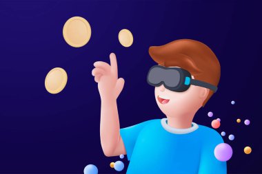 Metaverse technology future 3d concept. VR virtual reality headset with floating objects around for playing a video game isolated blue background. 3d vector render with Metaverse futuristic concept