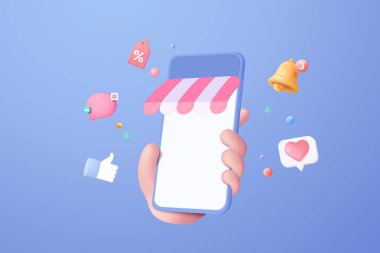 3d vektör oluşturma çevrimiçi alışveriş çantası etiketleri ya da gelecek kullanım için nakit kullanılıyor. Online alışveriş kartı. Akıllı telefon el ele tutuşuyor. 3D vektör mağazası e-ticaret mağazası satın aldı