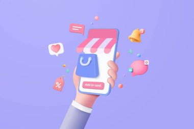3d vektör oluşturma çevrimiçi alışveriş çantası etiketleri ya da gelecek kullanım için nakit kullanılıyor. Online alışveriş kartı. Akıllı telefon el ele tutuşuyor. 3D vektör mağazası e-ticaret mağazası satın aldı 