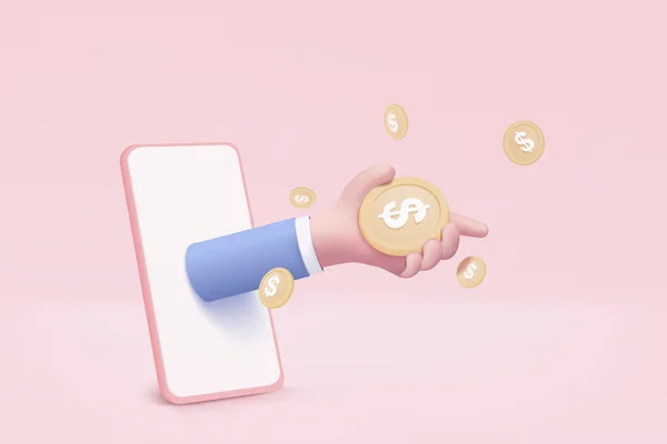 Money Coin Hand Holding Smartphone Background Holding Money Business Hand — стоковый вектор