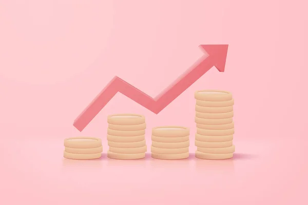 3D money coin stacks and red arrow up on pastel background. coin stack growing business isolate concept, 3d money vector render for finance, investment, money earning growth illustration concept