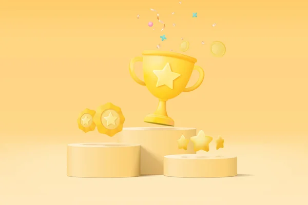 Winnaars Minimaal Met Gouden Beker Gouden Winnaars Sterren Podium Achtergrond — Stockvector
