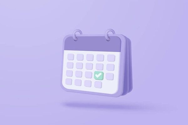 3d calendar marked date for important day in purple background. Calendar with mark for schedule appointment, event day, holiday planning concept 3d vector render isolated pastel background