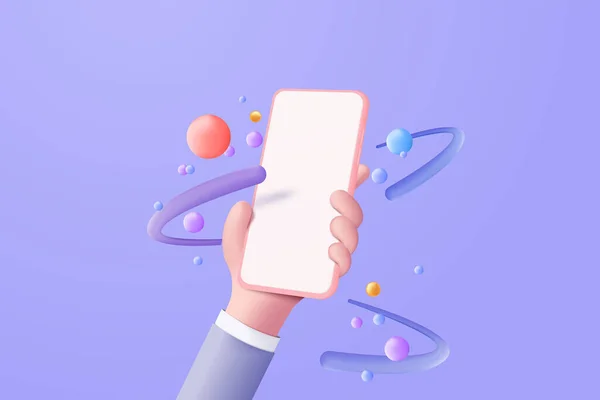 Vector Hand Holding Mobile Phone Isolated Purple Background Hand Using — Stockvektor