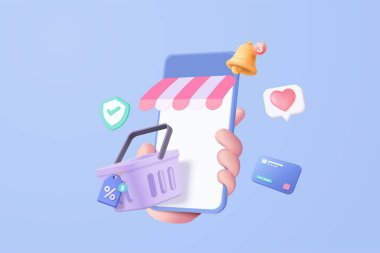 3d vektör oluşturma çevrimiçi alışveriş çantası etiketleri ya da gelecek kullanım için nakit kullanılıyor. Online alışveriş kartı. Akıllı telefon el ele tutuşuyor. 3D vektör mağazası e-ticaret mağazası satın aldı