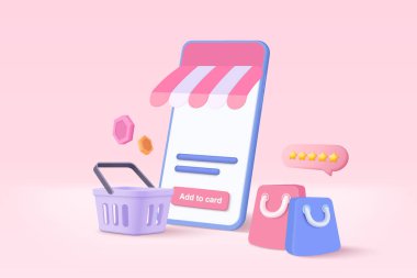 3d vektör oluşturma çevrimiçi alışveriş çantası etiketleri ya da gelecek kullanım için nakit kullanılıyor. Online alışveriş kartı. Akıllı telefon el ele tutuşuyor. 3D vektör mağazası e-ticaret mağazası satın aldı