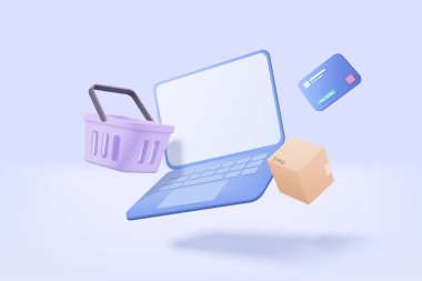 3D shopping online with laptop, product shipping packing, shopping bag or basket. Credit card protection with password secure for online payment concept. Notebook icon 3d vector render illustration