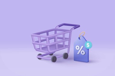 3D shopping cart with price tags for online shopping and digital marketing ideas. basket and promotional labels on purple background shopping bag buy sell discount 3d vector icon illustration