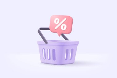 3d shopping bag with price tags for online shopping and digital marketing concept. Basket and promotion tag on white background. Shopping bag for buy, sale, discount. 3d vector icon illustration
