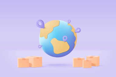 3D earth globe with pinpoints online deliver service, delivery tracking, pin location point marker of shipment concept. Product shipping out from world map. Logistic icon 3d vector render illustration