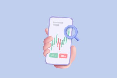 3D vector hand holding mobile isolated on pastel blue background. Hand using funding business graph on application under creative solution concept in 3D vector. 3d trading for business investment