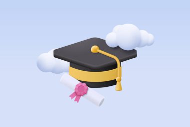 3D graduation of university, college for student concept. graduation hat and diploma cartoon style with sky cloud background. 3d vector education diploma for student study success render illustration clipart
