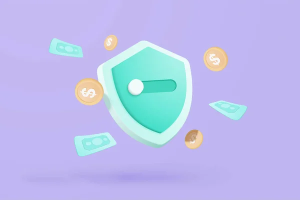 Shield Protection Banknote Money Coin Secure Online Payment Purple Background —  Vetores de Stock