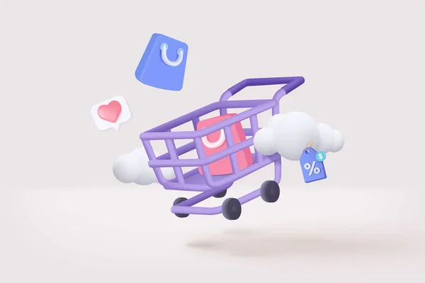 Shopping Cart Cloud Online Shopping Digital Marketing Ideas Basket Promotional — Wektor stockowy