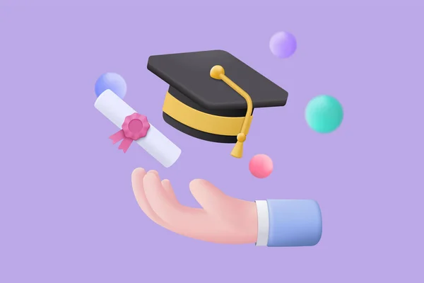 Graduation University College Student Concept Graduation Hat Diploma Cartoon Style — ストックベクタ