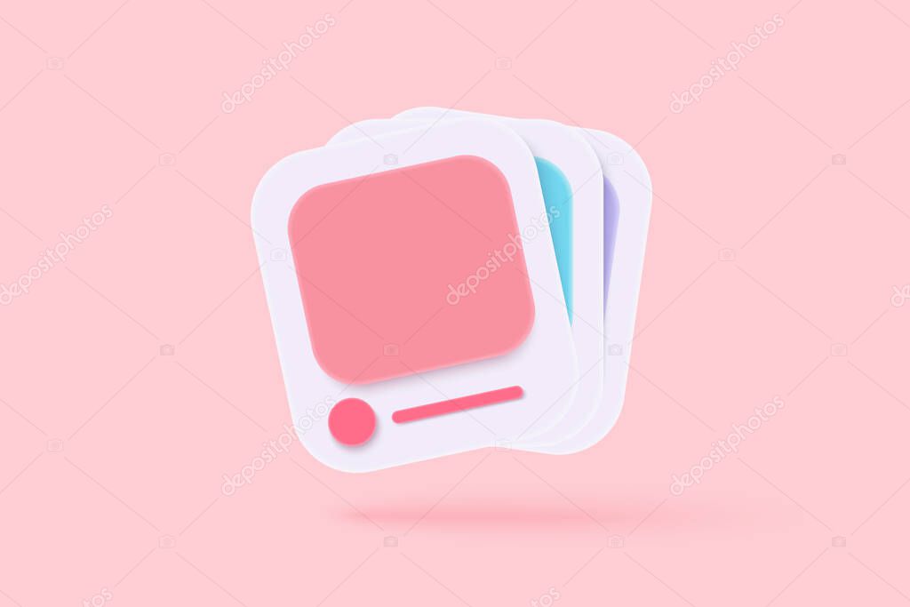 3D Social media online platform concept, online social communication on applications, Photo frame with heart and love emoji icon, like and play in red bubble 3d icons. 3d vector render concept