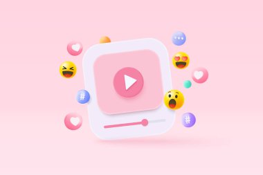 3d social media with live streaming and emotion on frame in pink background. Social media online playing video for make money passive income concept. 3d live entertainment vector render illustration