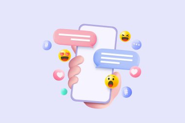 3D minimal social media with emoji, hashtag, speech on mobile hand holding, interface optimization for banner and website for mockup mobile phone concept. 3d social network vector render illustration
