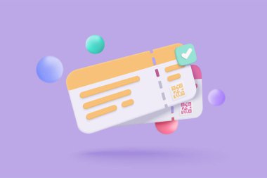 3 boyutlu uçak bileti, turizme ve seyahat planına hazır yaz tatili konsepti. Seyahat acentesi için bilet, rezervasyon servisi. 3d vektör uçak bileti çizimi