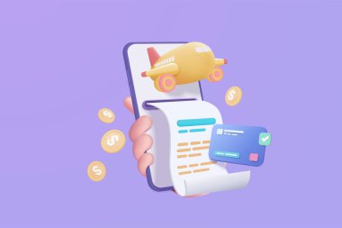 Uçuş uçağı için 3D ödeme bileti cep telefonuyla, turizme ve akıllı telefonlu seyahat planına hazır. Seyahat rezervasyonu ve servis. 3d vektör uçak bileti çizimi