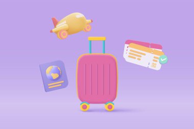 Kimlik pasaportlu 3D bavul ve uçuş uçağı turizmi planlama. Yaz tatili konseptiyle seyahat çantasıyla dünya turu planlama turu. 3d simge vektör çizimi çizimi
