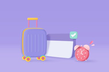 Seyahat turizmi planlaması için bavullu 3D hatırlatma. Turizm ve seyahat yaz dönemi konsepti bildirimleri. 3d saat uyarı planlama çizelgesine sahip vektör takvimi