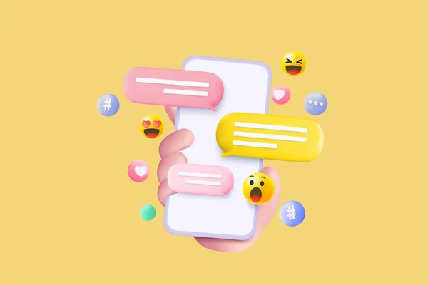 Minimal Social Media Emoji Hashtag Speech Mobile Hand Holding Interface — Vetor de Stock