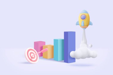 3D mükemmel bir iş grafiği ve uçan uzay roketi konsepti. Girişim için alan ve büyüme istatistikleri ticaret, banka, finans, yatırım. 3d roket ikonu vektör illüstrasyonu