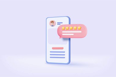 Cep telefonundaki en iyi not için üç boyutlu beş yıldız. Kaliteli müşteri değerlendirme konsepti için 5 yıldız. Telefon görevi kontrol listesi, ürün inceleme simgesi. 3d vektör çizim çizimi