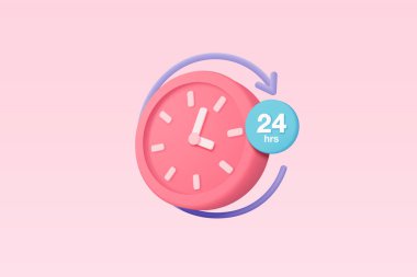 3D alarm saati hız teslimatı konsepti için 24 saat simgesi. Pembe saat minimum zaman dizayn konsepti, 24 saat hizmet ve destek, günde 24 saat. 3d saat simgesi vektör resimleme