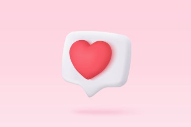 3D sosyal medya çevrimiçi platform konsepti, uygulamalar üzerinde çevrimiçi sosyal iletişim, kalp ve aşk emojisi ikonlu fotoğraf çerçevesi, kırmızı baloncuk simgeleriyle oynamak ve oynamak. 3d kalp vektörü oluşturma kavramı