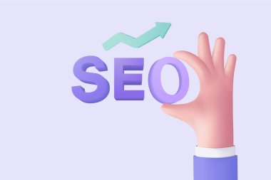 Sosyal medya konsepti için el ele tutuşarak 3D SEO optimizasyonu. Arka planda web analiz stratejisi ve araştırma planlama arayüzü. 3d seo strateji vektör çizimi çizimi
