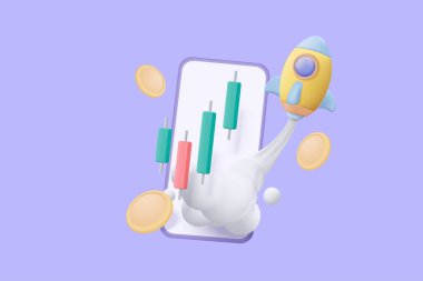 Cep telefonunda para olan 3D uçan uzay roketi. Mavi arka planda uzay gemisi kalkışı. Girişim ve büyüme istatistikleri ticaret konsepti için alan. 3d roket ikonu vektör illüstrasyonu 