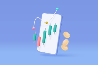 Yaratıcı çözüm üzerine üç boyutlu cep telefonu finansmanı grafiği. Para madeni para büyüten işletme konsepti finans, yatırım, tebligat çevrimiçi ödeme. 3d ticaret vektörü illüstrasyonu