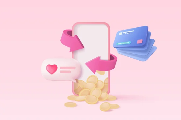 3Dベクトルキャッシュバック返金クレジットカードで モバイルアプリで財布を持っているお金オンライン決済背景にお金の節約の概念 3Dキャッシュバックのクレジットカードのレンダリングビジネス銀行 — ストックベクタ