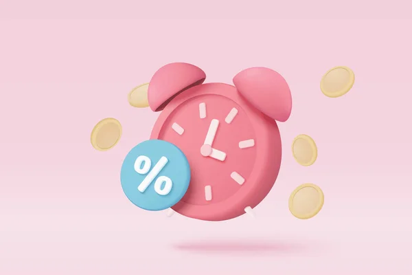 3D目覚まし時計は 割引のお金の概念のためのイオンが周りに浮かんでプロモーションタグで警告しています ピンクの背景でオンラインショッピングのための注意プロモーション 3Dプロモーション警告ベクトルレンダリングイラスト — ストックベクタ