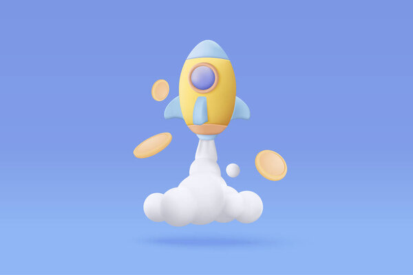 3D летающей космической ракеты с деньгами монеты. Запуск космического корабля на голубом фоне. Пространство для бизнеса. Ритмичный креативный мультфильм в минимальном стиле. Векторная иллюстрация 3D-ракеты