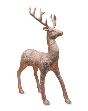 Christmas ornament toy in form of golden glittering reindeer with branching horns full size used as new year decoration or gift in winter holidays isolated on white background. Selective focus