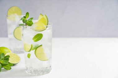 Soğuk, organik limonata içeceği ya da maden suyu, limon dilimleri ve taze yeşil nane yapraklarından oluşan bir kokteyl. Uzun boylu, içme bardağında servis edilen buz küpleri beyaz ahşap masa üzerinde fotokopi alanı ile servis ediliyor.