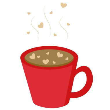 Sıcak kakao kapuçino ile sıcak kırmızı kupa buharlı latte ve aşkla yapılmış kalpler. Vektör izole illüstrasyon. Noel sembolü, kafede sıcak içecek. Kış, sonbahar rahat bir yer, ev
