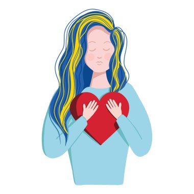 Ukrainian woman with blue and yellow long hair and turquoise holding big red heart in hands. Girl in Ukraine ask to stand for Ukraine and support the country.