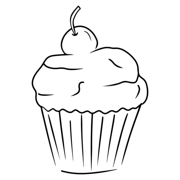 Cupcake Cream Cherry Top Sketch Black Outline Illustration Isolated White — Vetor de Stock