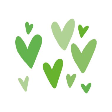 Set of green hearts of different size isolated on white background. Vector hand drawn illustrations on flat doodle style. Concept of love, ecology, nature friendly, planet, valentines day, happiness.