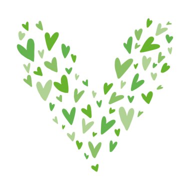 Big green heart made of small hearts isolated on white background, Hand drawn vector illustration made in flat simple doodle style. Concept of love, nature friendly, save planet, ecology, heath.