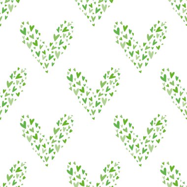 Hand drawn vector design for packages, wrapping paper, print, happy valentines day, ecology, save planet, love. Seamless pattern with green hearts on white background.