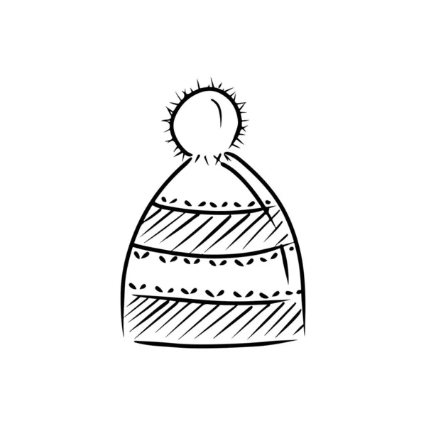 Cappello Righe Maglia Con Bonbon Nero Isolato Fondo Bianco Illustrazione — Vettoriale Stock
